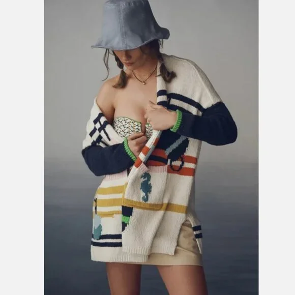 Anthropologie Maeve Nautical Buoy Cardigan Sweater Whale Seahorse S M NWT